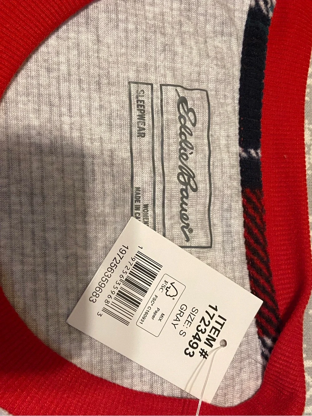 Eddie Bauer Women’s Gray Long-Sleeve Top with Red Plaid Tree Accent Size S NWT
